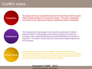 Conflict styles 
Competitive 
The people who have ‘competitive’ style are firm and know what they want. 
They normally operate from a position of power. This style is applicable 
when there is any urgency and decision needs to be taken immediately 
Collaborative 
The ‘collaborative’ style people try to meet the requirements of all the 
people involved. These people can be highly assertive but unlike the 
competitor, they cooperate effectively and acknowledge that everyone is 
important. This style is useful when you bring various options/opinions to 
find a solution 
Compromising 
These people find a solution to a problem which will at least satisfy 
everyone to some extent. Compromise is useful when the cost of conflict is 
higher than the cost of losing ground, when equal strength opponents are 
at a standstill and when there is a deadline looming 
Copyright © 2008 - 2012 
managementstudyguide.c 
 