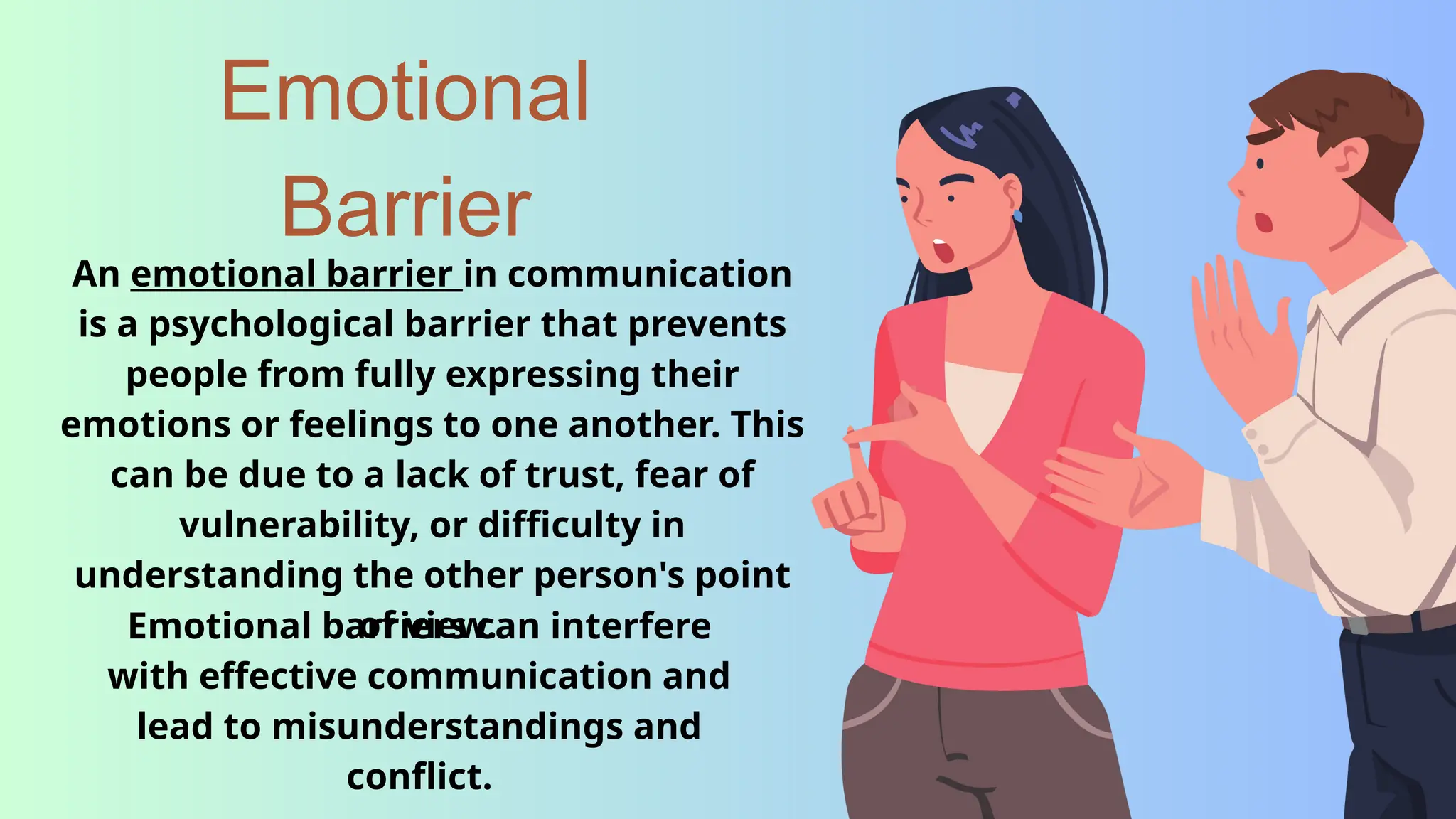 Emotional
Barrier
An emotional barrier in communication
is a psychological barrier that prevents
people from fully expressing their
emotions or feelings to one another. This
can be due to a lack of trust, fear of
vulnerability, or difficulty in
understanding the other person's point
of view.
Emotional barriers can interfere
with effective communication and
lead to misunderstandings and
conflict.
 