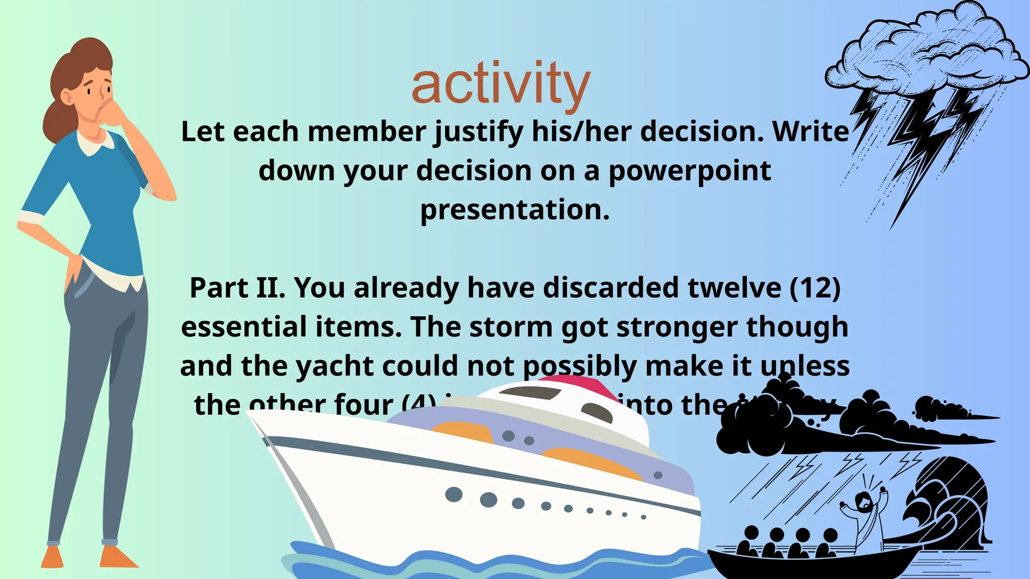 Let each member justify his/her decision. Write
down your decision on a powerpoint
presentation.
Part II. You already have discarded twelve (12)
essential items. The storm got stronger though
and the yacht could not possibly make it unless
the other four (4) jumps right into the stormy
seas.
activity
 