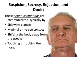 Suspicion, Secrecy, Rejection, and
Doubt
These negative emotions are
communicated typically by:
• Sideways glances
• Minimal or no eye contact
• Shifting the body away from
the speaker
• Touching or rubbing the
nose.
 