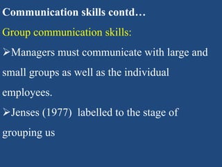 Communication skills contd…
Group communication skills:
Managers must communicate with large and
small groups as well as the individual
employees.
Jenses (1977) labelled to the stage of
grouping us
 