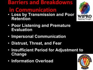 Barriers and Breakdowns  in Communication  Loss by Transmission and Poor Retention   Poor Listening and Premature Evaluation   Impersonal Communication   Distrust, Threat, and Fear   Insufficient Period for Adjustment to Change   Information Overload   