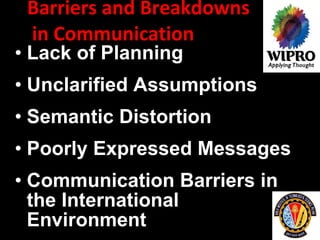 Barriers and Breakdowns  in Communication  Lack of Planning   Unclarified Assumptions   Semantic Distortion   Poorly Expressed Messages Communication Barriers in the International Environment   