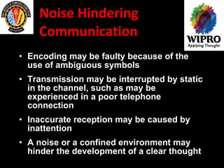 Noise Hindering Communication  Encoding may be faulty because of the use of ambiguous symbols Transmission may be interrupted by static in the channel, such as may be experienced in a poor telephone connection Inaccurate reception may be caused by inattention   A noise or a confined environment may hinder the development of a clear thought 