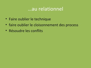 … au relationnel Faire oublier le technique faire oublier le cloisonnement des process Résoudre les conflits 
