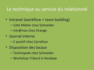 Le technique au service du relationnel Intranet (workflow + team building) Côté Métier chez Schneider intr@noo chez Orange Journal interne C positif chez Carrefour Disposition des locaux Technopole chez Schneider Workshop Tribord à Hendaye 