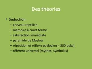 Des théories Séduction  cerveau reptilien mémoire à court terme satisfaction immédiate pyramide de Maslow répétition et réflexe pavlovien = 800 pub/j référent universel (mythes, symboles) 