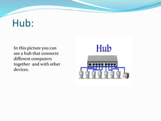 Hub:
In this picture you can
see a hub that connects
different computers
together and with other
devices.
 