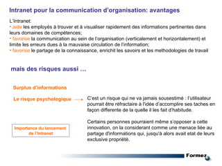 Intranet pour la communication d’organisation: avantages L’Intranet: aide  les employés à trouver et à visualiser rapidement des informations pertinentes dans leurs domaines de compétences; favorise  la communication au sein de l’organisation (verticalement et horizontalement) et limite les erreurs dues à la mauvaise circulation de l’information; favorise  le partage de la connaissance, enrichit les savoirs et les methodologies de travail Le risque psychologique C’est un risque qui ne va jamais sousestimé : l’utilisateur pourrait être réfractaire à l'idée d’accomplire ses taches en façon differente de la quelle il les fait d’habitude.  Certains personnes pourraient même s’opposer a cette innovation, on la considerant comme une menace liée au partage d'informations qui, jusqu'à alors avait etat de leurs exclusive propriètè. mais des risques aussi … Surplus d’informations Importance du lancement  de l’Intranet 