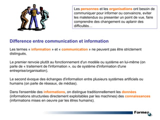 Difference entre communication et information Les termes «  information  » et «  communication  » ne peuvent pas être strictement distingués.  Le premier renvoie plutôt au fonctionnement d'un modèle ou système en lui-même (on parle de « traitement de l'information », ou de système d'information d'une entreprise/organisation).  Le second évoque des échanges d'information entre plusieurs systèmes artificiels ou humains (on parle de réseaux, de médias).  Dans l'ensemble des  informations , on distingue traditionnellement les  données  (informations structurées directement exploitables par les machines) des  connaissances  (informations mises en oeuvre par les êtres humains). Les  personnes  et les  organisations  ont besoin de communiquer pour informer ou convaincre, eviter les maletendus ou presenter un point de vue, faire comprendre des changement ou aplanir des difficultés… 