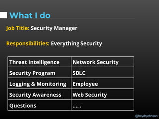 @haydnjohnson
What I do
Job Title: Security Manager
Responsibilities: Everything Security
Threat Intelligence Network Security
Security Program SDLC
Logging & Monitoring Employee
Security Awareness Web Security
Questions …...
 