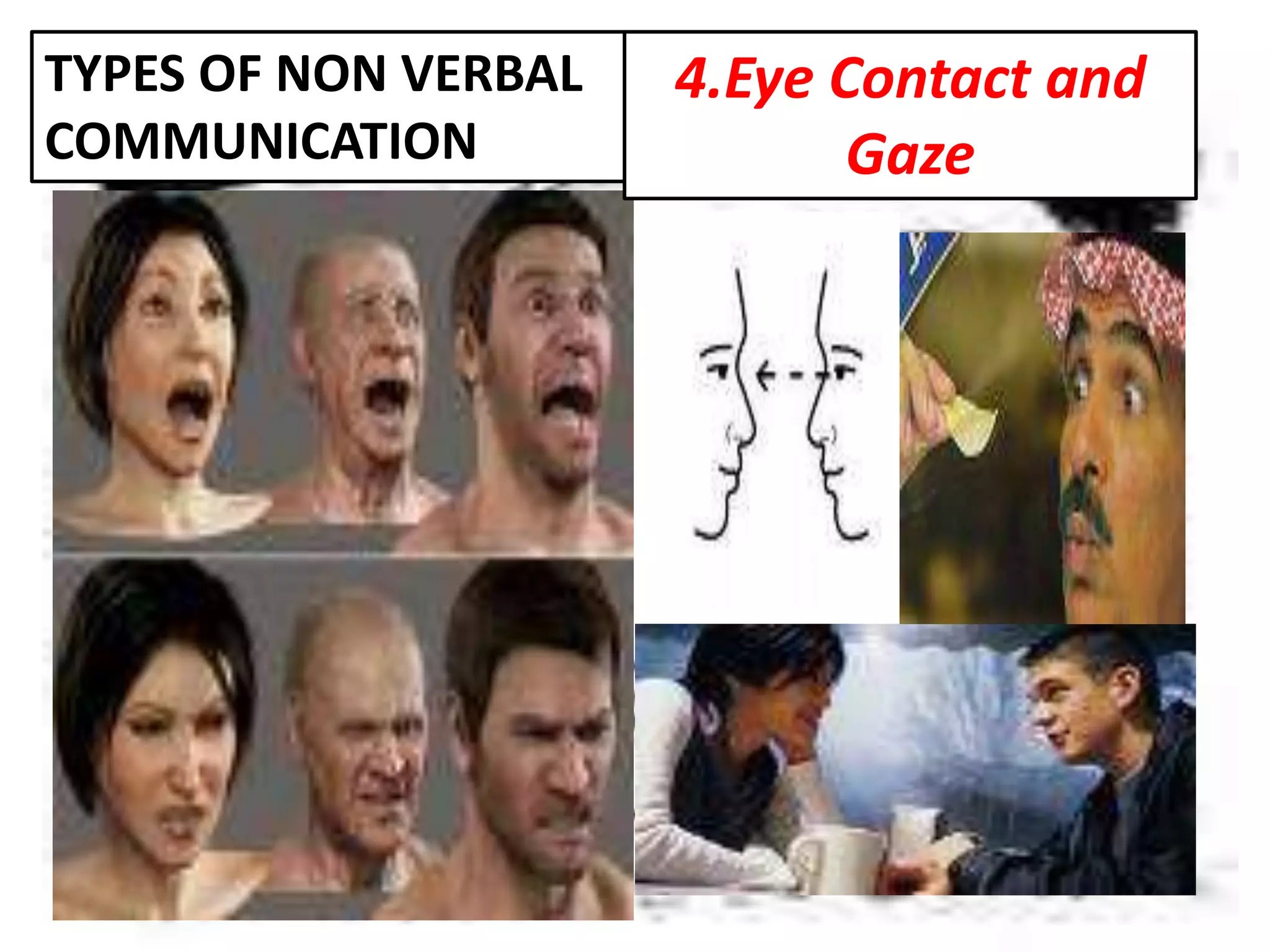 TYPES OF NON VERBAL
COMMUNICATION
4.Eye Contact and
Gaze
 
