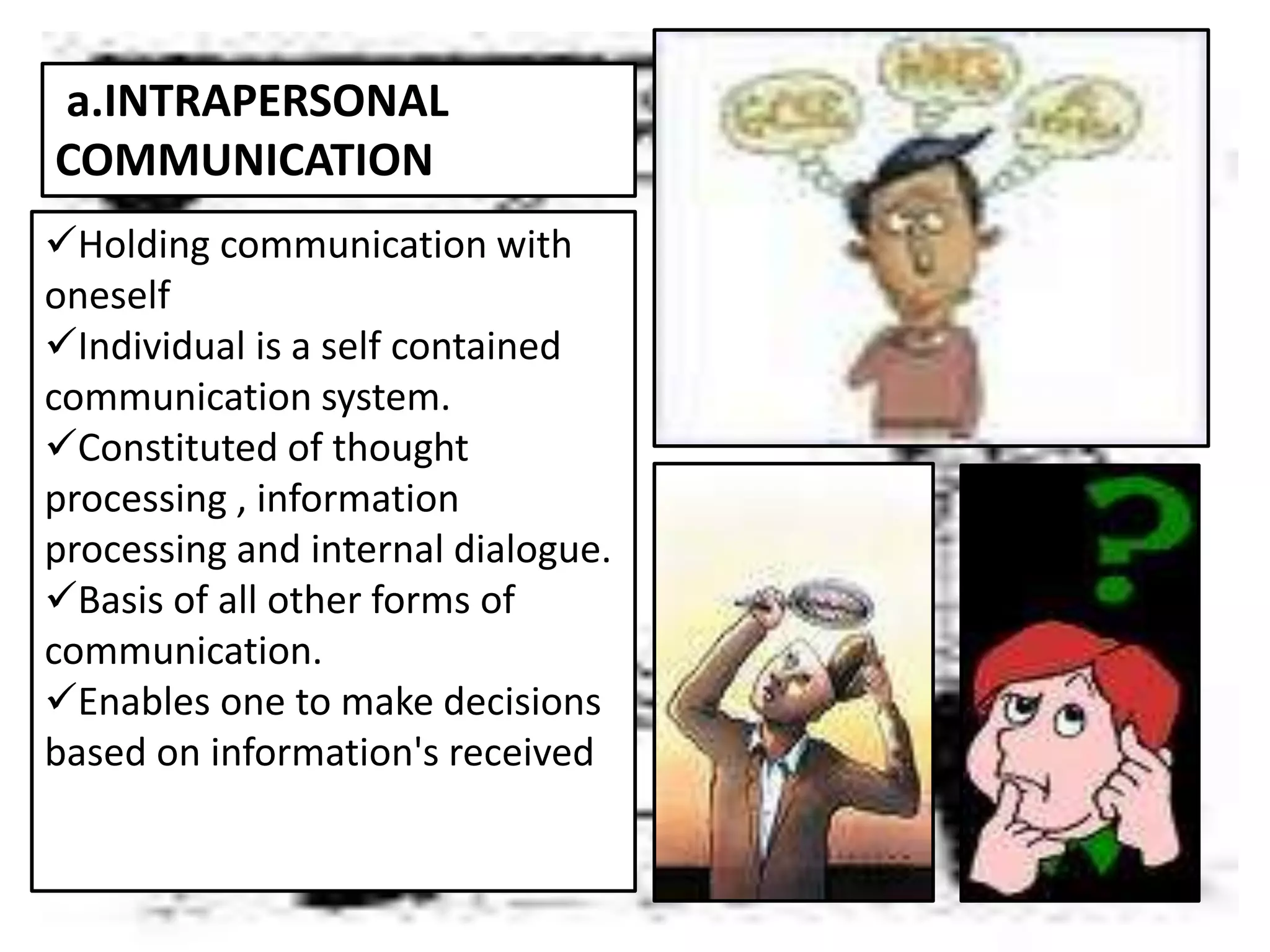 a.INTRAPERSONAL
COMMUNICATION
Holding communication with
oneself
Individual is a self contained
communication system.
Constituted of thought
processing , information
processing and internal dialogue.
Basis of all other forms of
communication.
Enables one to make decisions
based on information's received
 