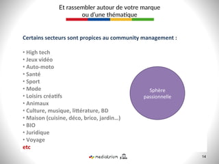 Et  rassembler  autour  de  votre  marque  
ou  d’une  théma8que  
14
Sphère	
  
passionnelle	
  
Sphère	
  	
  du	
  
quo9dien	
  
Certains	
  secteurs	
  sont	
  propices	
  au	
  community	
  management	
  :	
  
	
  
• 	
  High	
  tech	
  
• 	
  Jeux	
  vidéo	
  
• 	
  Auto-­‐moto	
  
• 	
  Santé	
  
• 	
  Sport	
  
• 	
  Mode	
  
• 	
  Loisirs	
  créa>fs	
  
• 	
  Animaux	
  
• 	
  Culture,	
  musique,	
  liCérature,	
  BD	
  
• 	
  Maison	
  (cuisine,	
  déco,	
  brico,	
  jardin…)	
  
• 	
  BIO	
  
• 	
  Juridique	
  
• 	
  Voyage	
  
etc	
  
Sphère	
  
passionnelle	
  
 