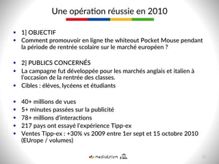 §  1]  OBJECTIF  
§  Comment  promouvoir  en  ligne  the  whiteout  Pocket  Mouse  pendant  
la  période  de  rentrée  scolaire  sur  le  marché  européen  ?  
§  2]  PUBLICS  CONCERNÉS  
§  La  campagne  fut  développée  pour  les  marchés  anglais  et  italien  à  
l’occasion  de  la  rentrée  des  classes.  
§  Cibles  :  élèves,  lycéens  et  étudiants  
§  40+  millions  de  vues    
§  5+  minutes  passées  sur  la  publicité  
§  78+  millions  d’interac-ons    
§  217  pays  ont  essayé  l’expérience  Tipp-­‐ex  
§  Ventes  Tipp-­‐ex  :  +30%  vs  2009  entre  1er  sept  et  15  octobre  2010  
(EUrope  /  volumes)    
Une  opéra8on  réussie  en  2010  
32  
 