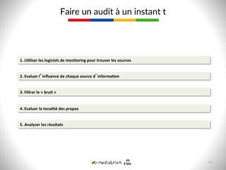 Faire  un  audit  à  un  instant  t  
2.	
  Evaluer	
  l’inﬂuence	
  de	
  chaque	
  source	
  d’informa>on	
  
1.	
  U>liser	
  les	
  logiciels	
  de	
  monitoring	
  pour	
  trouver	
  les	
  sources	
  
3.	
  Filtrer	
  le	
  «	
  bruit	
  »	
  
4.	
  Evaluer	
  la	
  tonalité	
  des	
  propos	
  
5.	
  Analyser	
  les	
  résultats	
  
44  
 