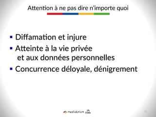  
§  Diﬀama-on  et  injure  
§  Aseinte  à  la  vie  privée  
  et  aux  données  personnelles  
§  Concurrence  déloyale,  dénigrement  
Acen8on  à  ne  pas  dire  n’importe  quoi  
70  
 
