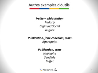 Autres  exemples  d’ou8ls  
Veille	
  –	
  eRéputa-on	
  
Radarly	
  
Digimind	
  Social	
  
Augure	
  
	
  
Publica-on,	
  jeux-­‐concours,	
  stats	
  
Agorapulse	
  
	
  
Publica-on,	
  stats	
  
Hootsuite	
  
Sendible	
  
Buﬀer	
  
	
  
75  
 