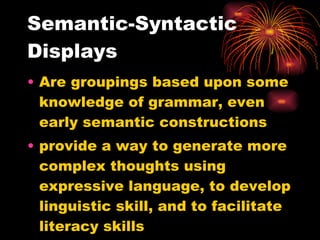 Semantic-Syntactic Displays Are groupings based upon some knowledge of grammar, even early semantic constructions provide a way to generate more complex thoughts using expressive language, to develop linguistic skill, and to facilitate literacy skills 