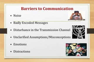 Barriers to Communication
• Noise
• Badly Encoded Messages
• Disturbance in the Transmission Channel
• Unclarified Assumptions/Misconceptions
• Emotions
• Distractions
 