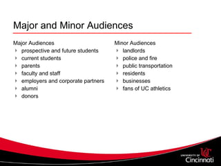 Major and Minor Audiences Major Audiences prospective and future students  current students  parents  faculty and staff  employers and corporate partners  alumni  donors  Minor Audiences landlords police and fire public transportation  residents businesses  fans of UC athletics 
