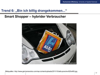 Hochschule Offenburg University of Applied Sciences
Trend 6: „Bin ich billig drangekommen...“
32
Bildquellen: http://www.germanexotics.com/wp-content/uploads/2011/10/aldi-porsche-620x465.jpg
Smart Shopper – hybrider Verbraucher
 