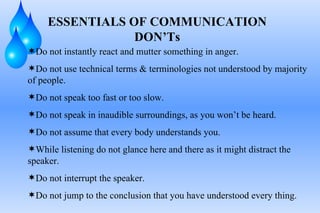 ESSENTIALS OF COMMUNICATION DON’Ts Do not instantly react and mutter something in anger. Do not use technical terms & terminologies not understood by majority of people. Do not speak too fast or too slow. Do not speak in inaudible surroundings, as you won’t be heard. Do not assume that every body understands you. While listening do not glance here and there as it might distract the speaker. Do not interrupt the speaker. Do not jump to the conclusion that you have understood every thing. 