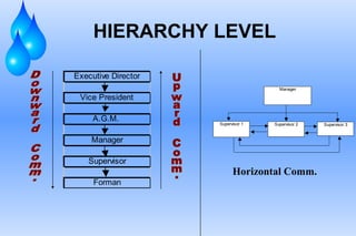HIERARCHY LEVEL
Executive Director
Vice President
A.G.M.
Manager
Supervisor
Forman
Supervisor 3Supervisor 1 Supervisor 2
Manager
Horizontal Comm.
 