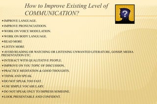 How to Improve Existing Level of
COMMUNICATION?
IMPROVE LANGUAGE.
IMPROVE PRONUNCIATIOON.
WORK ON VOICE MODULATION.
WORK ON BODY LANGUAGE.
READ MORE
LISTEN MORE
AVOID READING OR WATCHING OR LISTENING UNWANTED LITERATURE, GOSSIP, MEDIA
PRESENTATION ETC.
INTERACT WITH QUALITATIVE PEOPLE.
IMPROVE ON YOU TOPIC OF DISCUSSION,
PRACTICE MEDITATION & GOOD THOUGHTS.
THINK AND SPEAK.
DO NOT SPEAK TOO FAST.
USE SIMPLE VOCABULARY.
DO NOT SPEAK ONLY TO IMPRESS SOMEONE.
LOOK PRESENTABLE AND CONFIDENT.
 