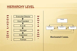 HIERARCHY LEVEL
Executive Director
Vice President
A.G.M.
Manager
Supervisor
Forman
Supervisor 3Supervisor 1 Supervisor 2
Manager
Horizontal Comm.
 