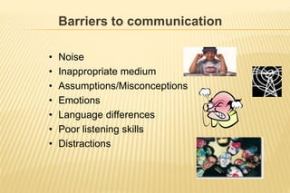 Barriers to communication
• Noise
• Inappropriate medium
• Assumptions/Misconceptions
• Emotions
• Language differences
• Poor listening skills
• Distractions
 