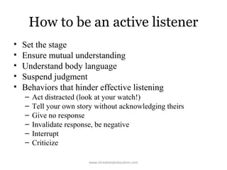 How to be an active listener
•
•
•
•
•

Set the stage
Ensure mutual understanding
Understand body language
Suspend judgment
Behaviors that hinder effective listening
–
–
–
–
–
–

Act distracted (look at your watch!)
Tell your own story without acknowledging theirs
Give no response
Invalidate response, be negative
Interrupt
Criticize
www.shreebalajieducation.com

 