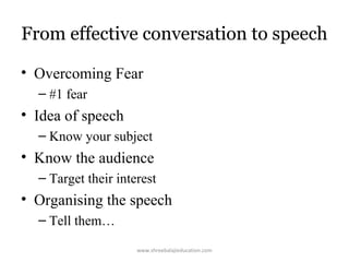 From effective conversation to speech
• Overcoming Fear
– #1 fear

• Idea of speech
– Know your subject

• Know the audience
– Target their interest

• Organising the speech
– Tell them…
www.shreebalajieducation.com

 