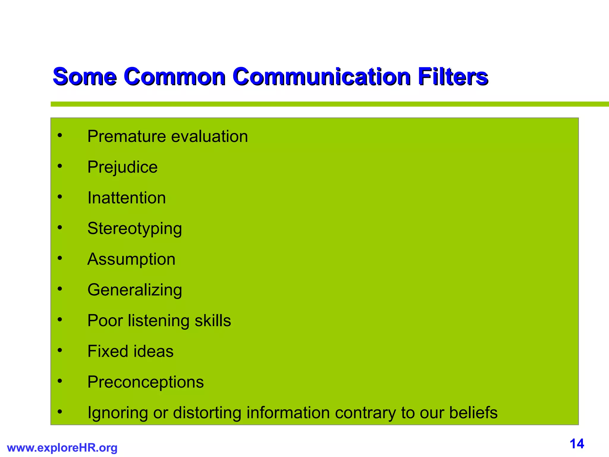 Premature evaluation Prejudice Inattention Stereotyping Assumption Generalizing Poor listening skills Fixed ideas Preconceptions Ignoring or distorting information contrary to our beliefs Some Common Communication Filters 