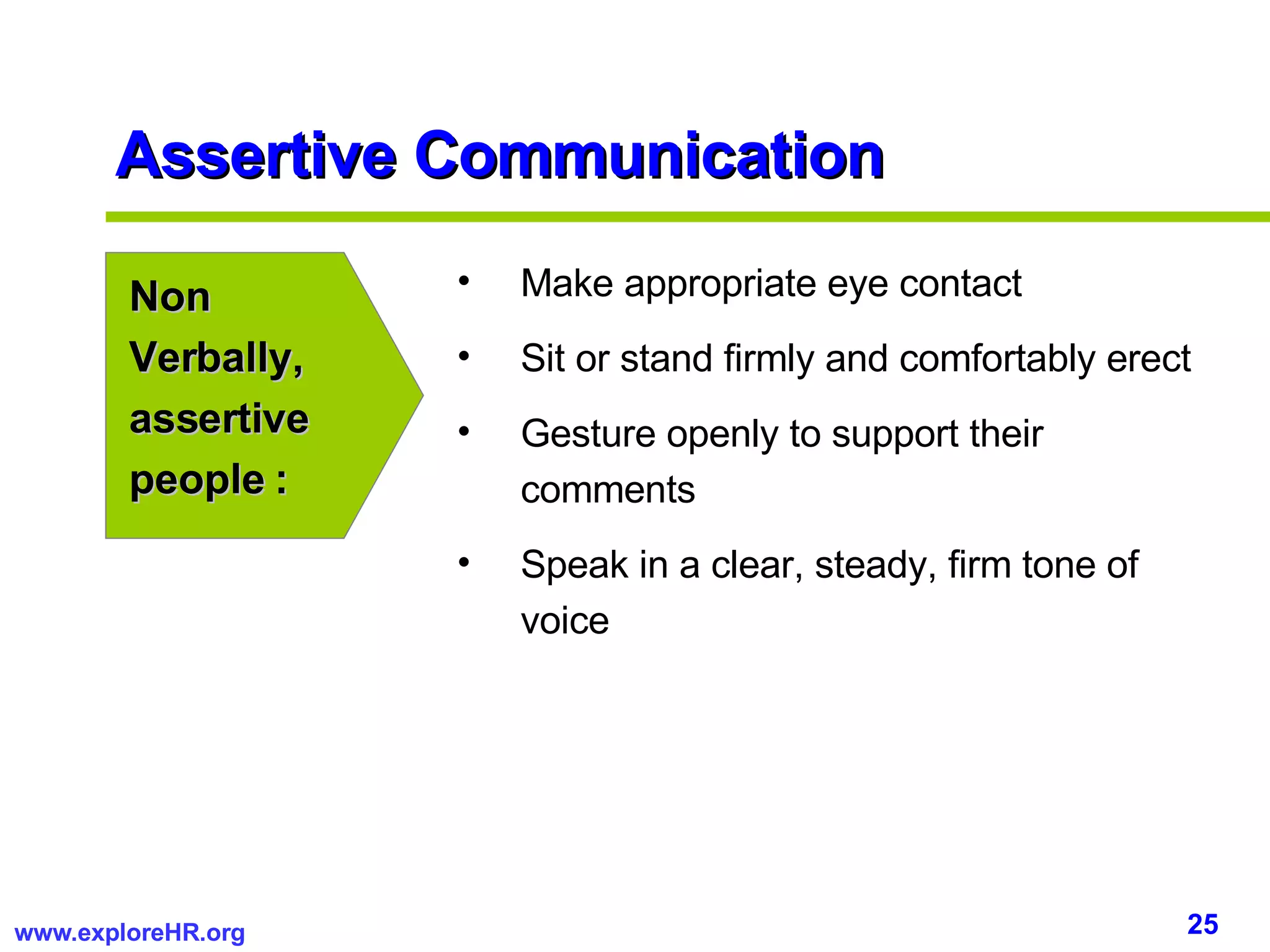 Assertive Communication Non Verbally, assertive people : Make appropriate eye contact Sit or stand firmly and comfortably erect Gesture openly to support their comments Speak in a clear, steady, firm tone of voice 