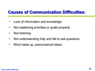 Causes of Communication Difficulties: <ul><li>Lack of information and knowledge </li></ul><ul><li>Not explaining prioritie...