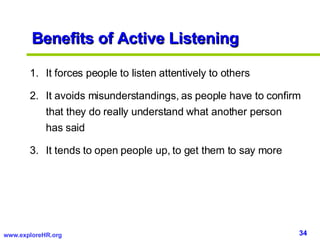 Benefits of Active Listening <ul><li>It forces people to listen attentively to others </li></ul><ul><li>It avoids misunder...