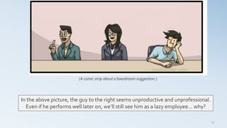 23
(A comic strip about a boardroom suggestion.)
In the above picture, the guy to the right seems unproductive and unprofessional.
Even if he performs well later on, we’ll still see him as a lazy employee… why?
 