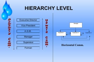 HIERARCHY LEVEL
Executive Director
Vice President
A.G.M.
Manager
Supervisor
Forman
Supervisor 3
Supervisor 1 Supervisor 2
Manager
Horizontal Comm.
 