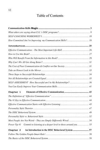 12

                                          Table of Contents


Communication-Skills Magic ........................................................................................ 3
What others are saying about E.G.’s DISC programs?..................................................... 9
SELF-COACHING WORKSHEET I ................................................................................ 18
How Committed Am I to Improving my Communication Skills?..................................... 18

Introduction............................................................................................................. 25
Effective Communication – The Most Important Life-Skill.............................................. 26
How to Use this Book?..................................................................................................... 27
Who Will Benefit From the Information in this Book?..................................................... 29
Why Can’t We All Get Along Better?............................................................................... 31
The Cost of Poor Communication & Conflict on Our Society ......................................... 31
Take an Honest Look in the Mirror ................................................................................. 33
Three Steps to Successful Relationships .......................................................................... 34
Not All Relationships are Created Equal......................................................................... 35
SELF-ASSESSMENT How Successful am I in My Relationships?................................. 36
You Can Easily Improve Your Communication Skills...................................................... 41

Chapter 1                  Elements of Effective Communication .......................................... 43
The Definition of “Effective Communication” ................................................................ 44
The #1 Key to Effective Communication.......................................................................... 44
Effective Communication Starts with Effective Listening ................................................ 45
Personality Style Theories ............................................................................................... 47
The DISC Behavioral System........................................................................................... 49
Personality Style vs. Behavioral Style.............................................................................. 52
Most People Are Not Weird – They are Simply Differently Wired................................... 54
Power Tip #1           Commit to listening at a deeper level to those around you.................... 55

Chapter 2                An Introduction to the DISC Behavioral System ........................... 57
Follow The Golden People-Smart Rule! .......................................................................... 58
The Basics of the DISC Behavioral System...................................................................... 59
 