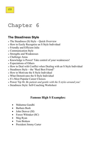 155
128




Chapter 6
The Steadiness Style
 The Steadiness (S) Style – Quick Overview
 How to Easily Recognize an S Style Individual
 Friendly and Efficient Julia
 Communication Style
 Strengths and Weaknesses
 Challenge Areas
 Knowledge is Power! Take control of your weaknesses!
 Expectations of Others
 How to Deal with Conflict when Dealing with an S Style Individual
 Steadiness Style – the “Real Best Friend”
 How to Motivate the S Style Individual
 What Demotivates the S Style Individual
 S’s Most Popular Career Choices
 Power Tip #6: Be patient and gentle with the S styles around you!
 Steadiness Style: Self-Coaching Worksheet




                    Famous High S Examples:

       Mahatma Gandhi
       Barbara Bush
       John Denver (SI)
       Forest Whitaker (SC)
       Meg Ryan
       Tom Brokaw
       President Jimmy Carter
 
