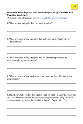 180
                                                                            129
Steadiness Style: Improve Your Relationships and Effectiveness Self-
Coaching Worksheet
(Print out a blank self-coaching sheet at www.egSebastian.com/SelfCoach )

1. What are my strengths that I’m most proud of?
_____________________________________________
_____________________________________________
_____________________________________________
4. What are some of my strengths that make me most effective in my
   environment?
_____________________________________________
_____________________________________________
_____________________________________________
3. What are some of my strengths that are (perhaps) perceived as
weaknesses in my environment?
_____________________________________________
_____________________________________________
_____________________________________________
4. What are some of my weaknesses that make me less effective in my
environment?
_____________________________________________
_____________________________________________
_____________________________________________
5. Based on what I read in this chapter (and on what I already knew), what
can I do to become more effective at creating and maintaining successful
relationships in my workplace and/or at home? (Pages 168 -171)
_____________________________________________
_____________________________________________
_____________________________________________
_____________________________________________
 