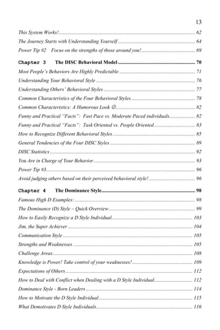 13
This System Works!.......................................................................................................... 62
The Journey Starts with Understanding Yourself ............................................................ 64
Power Tip #2           Focus on the strengths of those around you!.......................................... 69

Chapter 3                 The DISC Behavioral Model ............................................................ 70
Most People’s Behaviors Are Highly Predictable ........................................................... 71
Understanding Your Behavioral Style ............................................................................. 76
Understanding Others’ Behavioral Styles ....................................................................... 77
Common Characteristics of the Four Behavioral Styles.................................................. 78
Common Characteristics: A Humorous Look  .............................................................. 82
Funny and Practical “Facts”: Fast Pace vs. Moderate Paced individuals.................... 82
Funny and Practical “Facts”: Task Oriented vs. People Oriented................................ 83
How to Recognize Different Behavioral Styles ................................................................ 85
General Tendencies of the Four DISC Styles .................................................................. 89
DISC Statistics ................................................................................................................. 92
You Are in Charge of Your Behavior ............................................................................... 93
Power Tip #3.................................................................................................................... 96
Avoid judging others based on their perceived behavioral style! .................................... 96

Chapter 4                 The Dominance Style......................................................................... 98
Famous High D Examples:.............................................................................................. 98
The Dominance (D) Style – Quick Overview ................................................................... 99
How to Easily Recognize a D Style Individual............................................................... 103
Jim, the Super Achiever ................................................................................................. 104
Communication Style ..................................................................................................... 105
Strengths and Weaknesses ............................................................................................. 105
Challenge Areas............................................................................................................. 108
Knowledge is Power! Take control of your weaknesses! ............................................... 109
Expectations of Others................................................................................................... 112
How to Deal with Conflict when Dealing with a D Style Individual.............................. 112
Dominance Style - Born Leaders ................................................................................... 114
How to Motivate the D Style Individual......................................................................... 115
What Demotivates D Style Individuals........................................................................... 116
 