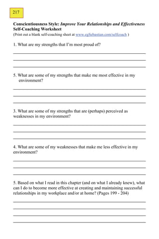 217
134
Conscientiousness Style: Improve Your Relationships and Effectiveness
Self-Coaching Worksheet
(Print out a blank self-coaching sheet at www.egSebastian.com/selfcoach )

1. What are my strengths that I’m most proud of?
_____________________________________________
_____________________________________________
_____________________________________________
5. What are some of my strengths that make me most effective in my
   environment?
_____________________________________________
_____________________________________________
_____________________________________________
3. What are some of my strengths that are (perhaps) perceived as
weaknesses in my environment?
_____________________________________________
_____________________________________________
_____________________________________________
4. What are some of my weaknesses that make me less effective in my
environment?
_____________________________________________
_____________________________________________
_____________________________________________
5. Based on what I read in this chapter (and on what I already knew), what
can I do to become more effective at creating and maintaining successful
relationships in my workplace and/or at home? (Pages 199 - 204)
_____________________________________________
_____________________________________________
_____________________________________________
_____________________________________________
 