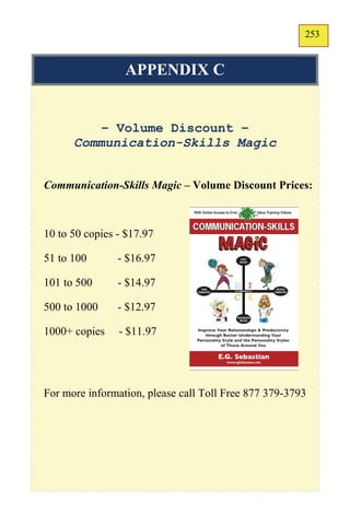 253
                                                       151


                 APPENDIX C


          – Volume Discount –
      Communication-Skills Magic


Communication-Skills Magic – Volume Discount Prices:



10 to 50 copies - $17.97

51 to 100       - $16.97

101 to 500      - $14.97

500 to 1000     - $12.97

1000+ copies    - $11.97




For more information, please call Toll Free 877 379-3793
 