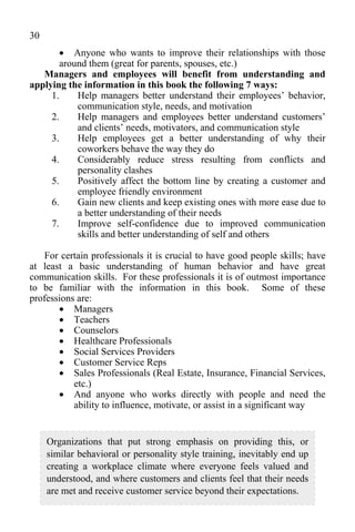 30
         Anyone who wants to improve their relationships with those
        around them (great for parents, spouses, etc.)
   Managers and employees will benefit from understanding and
applying the information in this book the following 7 ways:
     1.     Help managers better understand their employees’ behavior,
            communication style, needs, and motivation
     2.     Help managers and employees better understand customers’
            and clients’ needs, motivators, and communication style
     3.     Help employees get a better understanding of why their
            coworkers behave the way they do
     4.     Considerably reduce stress resulting from conflicts and
            personality clashes
     5.     Positively affect the bottom line by creating a customer and
            employee friendly environment
     6.     Gain new clients and keep existing ones with more ease due to
            a better understanding of their needs
     7.     Improve self-confidence due to improved communication
            skills and better understanding of self and others

   For certain professionals it is crucial to have good people skills; have
at least a basic understanding of human behavior and have great
communication skills. For these professionals it is of outmost importance
to be familiar with the information in this book. Some of these
professions are:
        Managers
        Teachers
        Counselors
        Healthcare Professionals
        Social Services Providers
        Customer Service Reps
        Sales Professionals (Real Estate, Insurance, Financial Services,
           etc.)
        And anyone who works directly with people and need the
           ability to influence, motivate, or assist in a significant way


     Organizations that put strong emphasis on providing this, or
     similar behavioral or personality style training, inevitably end up
     creating a workplace climate where everyone feels valued and
     understood, and where customers and clients feel that their needs
     are met and receive customer service beyond their expectations.
 