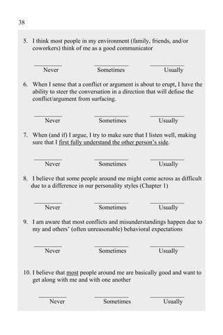 38

 5. I think most people in my environment (family, friends, and/or
    coworkers) think of me as a good communicator

     _________                ___________            ___________
        Never                  Sometimes                 Usually

 6. When I sense that a conflict or argument is about to erupt, I have the
    ability to steer the conversation in a direction that will defuse the
    conflict/argument from surfacing.

     _________                ___________            ___________
         Never                 Sometimes                Usually

 7. When (and if) I argue, I try to make sure that I listen well, making
    sure that I first fully understand the other person’s side.

     _________                ___________            ___________
         Never                 Sometimes                Usually

 8. I believe that some people around me might come across as difficult
    due to a difference in our personality styles (Chapter 1)

     _________                ___________            ___________
         Never                 Sometimes                Usually

 9. I am aware that most conflicts and misunderstandings happen due to
    my and others’ (often unreasonable) behavioral expectations

     _________                ___________            ___________
         Never                 Sometimes                Usually


 10. I believe that most people around me are basically good and want to
     get along with me and with one another

       _________              ___________            ___________
           Never                 Sometimes               Usually
 