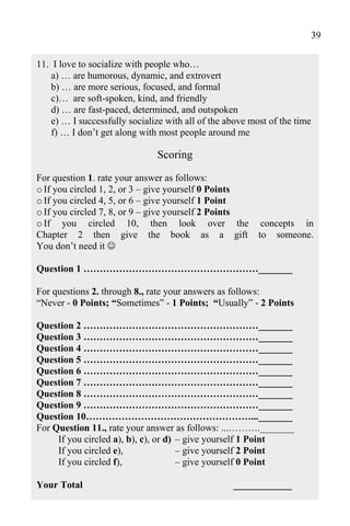 39

11. I love to socialize with people who…
    a) … are humorous, dynamic, and extrovert
    b) … are more serious, focused, and formal
    c)… are soft-spoken, kind, and friendly
    d) … are fast-paced, determined, and outspoken
    e) … I successfully socialize with all of the above most of the time
    f) … I don’t get along with most people around me

                               Scoring

For question 1. rate your answer as follows:
o If you circled 1, 2, or 3 – give yourself 0 Points
o If you circled 4, 5, or 6 – give yourself 1 Point
o If you circled 7, 8, or 9 – give yourself 2 Points
o If you circled 10, then look over the                    concepts in
Chapter 2 then give the book as a gift                    to someone.
You don’t need it 

Question 1 ………………………………………………_______

For questions 2. through 8., rate your answers as follows:
“Never - 0 Points; “Sometimes” - 1 Points; “Usually” - 2 Points

Question 2 ………………………………………………_______
Question 3 ………………………………………………_______
Question 4 ………………………………………………_______
Question 5 ………………………………………………_______
Question 6 ………………………………………………_______
Question 7 ………………………………………………_______
Question 8 ………………………………………………_______
Question 9 ………………………………………………_______
Question 10……………………………………………..._______
For Question 11., rate your answer as follows: ...………._______
     If you circled a), b), c), or d) – give yourself 1 Point
     If you circled e),               – give yourself 2 Point
     If you circled f),               – give yourself 0 Point

Your Total                                         ____________
 