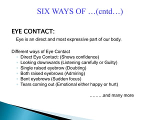 SIX WAYS OF …(cntd…)
EYE CONTACT:
Eye is an direct and most expressive part of our body.
Different ways of Eye Contact
◦ Direct Eye Contact: (Shows confidence)
◦ Looking downwards (Listening carefully or Guilty)
◦ Single raised eyebrow (Doubting)
◦ Both raised eyebrows (Admiring)
◦ Bent eyebrows (Sudden focus)
◦ Tears coming out (Emotional either happy or hurt)
………and many more
 