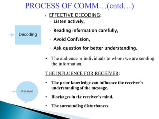  EFFECTIVE DECODING:
◦ Listen actively,
◦ Reading information carefully,
◦ Avoid Confusion,
◦ Ask question for better understanding.
PROCESS OF COMM…(cntd…)
• The audience or individuals to whom we are sending
the information.
THE INFLUENCE FOR RECEIVER:
• The prior knowledge can influence the receiver’s
understanding of the message.
• Blockages in the receiver’s mind.
• The surrounding disturbances.
 
